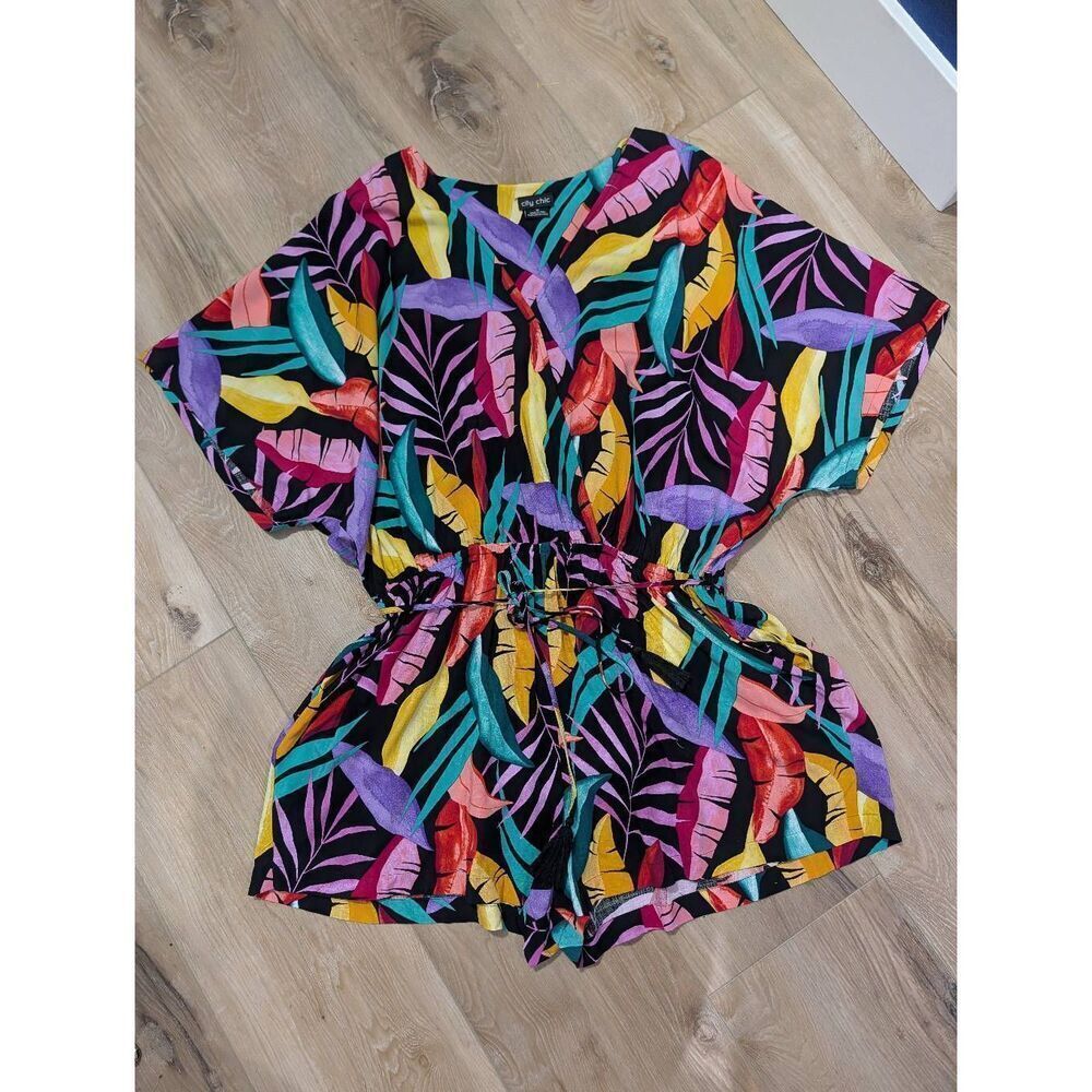 City Chic Playsuit Magic Palm Tropical Romper Women's Plus 18 18W 1XL Pockets